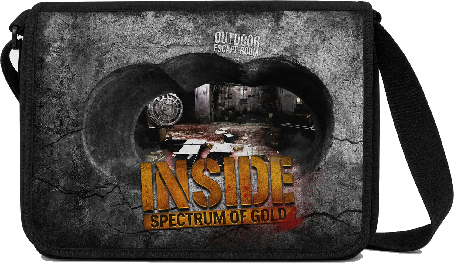 Shoulder bag of the outdoor escape room Inside, Spectrum of Gold, showing a view through the blown-open vault wall